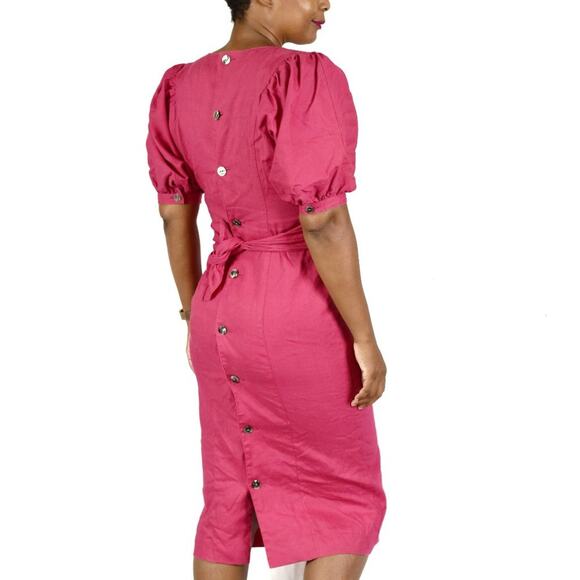 Vintage Dresses & Skirts - Vintage Ciro Pink Linen Dress Puff Sleeve Back Buttons Architectural 90s XS 2